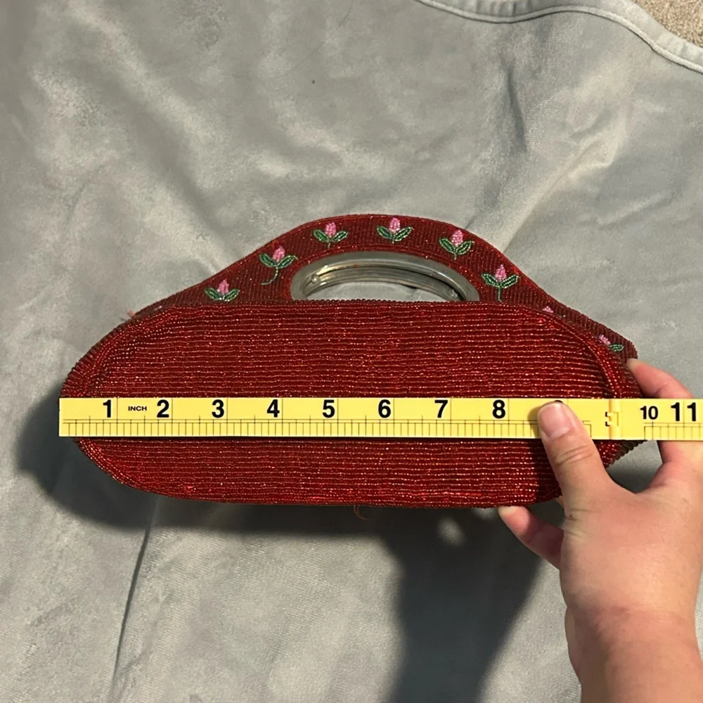 Vintage Red Floral Beaded Handbag Purse - Picture 12 of 13